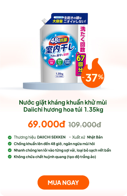 Nước giặt kháng khuẩn khử mùi Daiichi hương hoa túi 1.35kg Không hôi khi phơi trong nhà